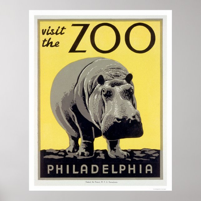Pôster Philadelphia PA Zoo Hippo 1936 WPA (Frente)