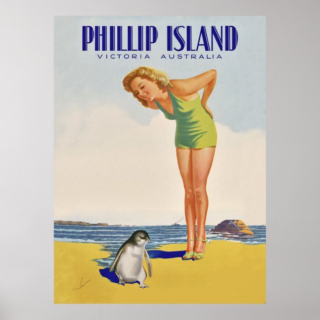 Poster Philip Island, Austrália, garota com pinguim (Frente)