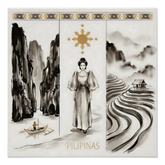 Pôster Philippines-El Nido & Rice Terraces-Ink wash