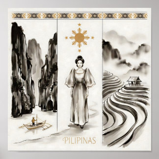 Poster Philippines-El Nido & Rice Terraces-Ink wash