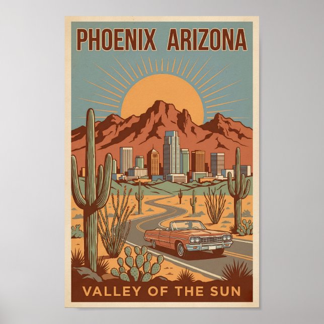 Poster Phoenix Arizona Sun Illustration Travel Art Retro (Frente)
