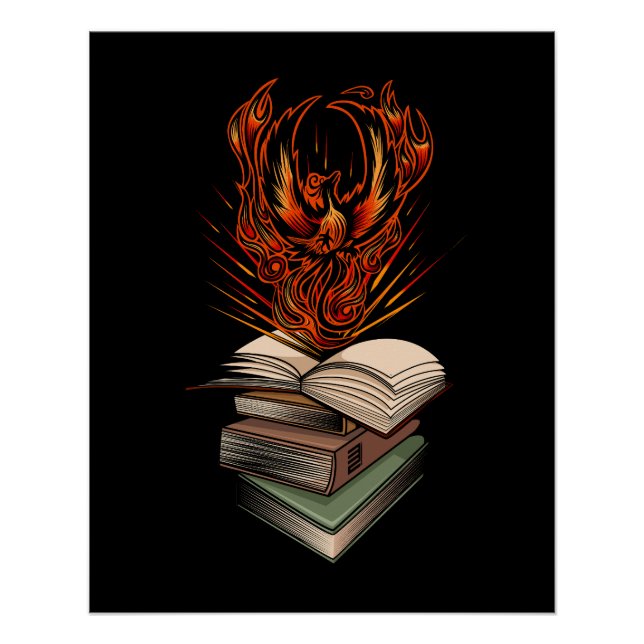 Pôster Phoenix Rising From Books Flames Fantasy Magical (Frente)