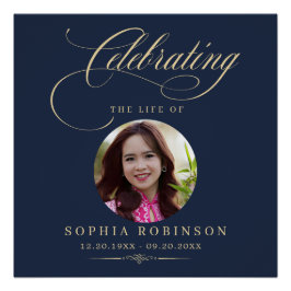 Pôster Photo Elegant Blue Gold Script Funeral Memorial 