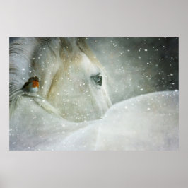 Poster Photo of a White Horse and Bird in Winter
