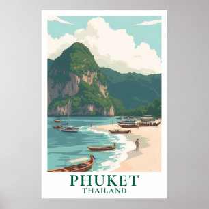 Poster Phuket Tailândia Viagem Vintage Barco Longtail Pra