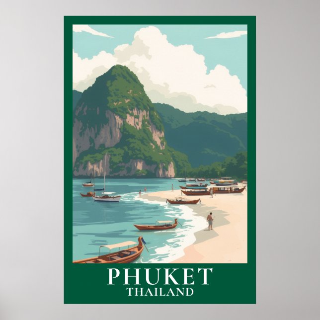 Poster Phuket Thailand Vintage Travel Longtail Boat Beach (Frente)