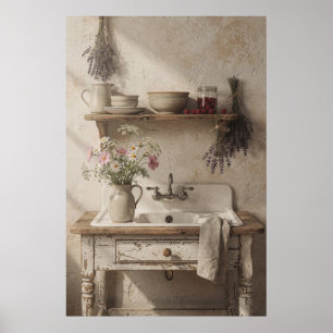 Poster Pia de Cozinha Rústica com Lavanda e Flores Silves