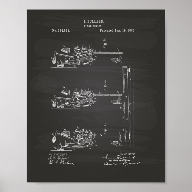 Pôster Piano Action 1886 Patent Art Chalkboard (Frente)