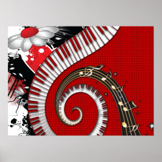 Pôster Piano Keys Music Notes Grunge Floral Swirls