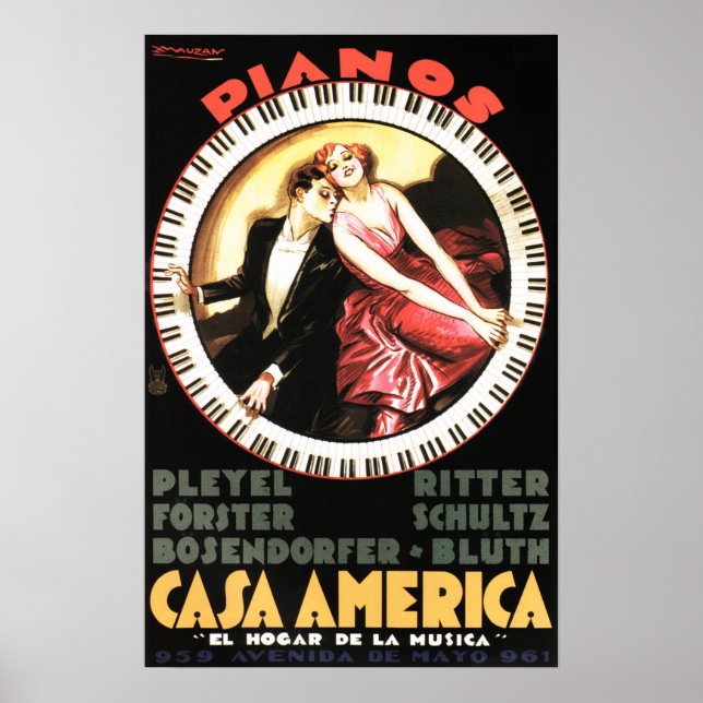 Poster PIANOS CASA AMÉRICA 1930 Vintage Theater Musical (Frente)