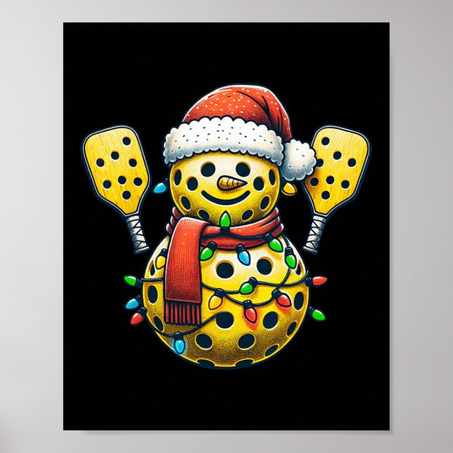 Poster Pickleball Snowman Santa Hat Luz Natal (Frente)