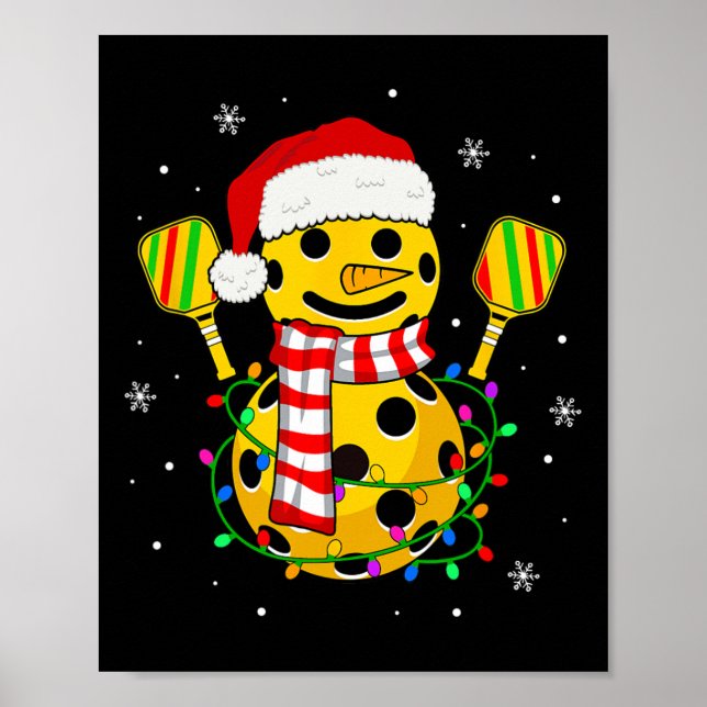 Poster Pickleball Snowman Santa Hat Luz Natal (Frente)