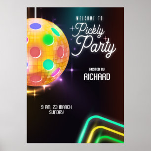 Poster Pickleball Sports Neon Theme Disco Party