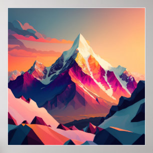 Poster Pico vibrante: Uma montanha de neve ao pôr do sol.