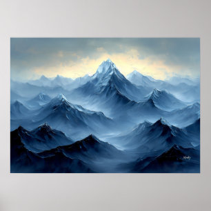 Poster Picos de Montanha Azul Pacífico em estilo Óleo Abs