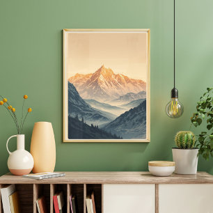 Poster Picos Dourados – Pôr do Sol Alpino Vintage Viagem