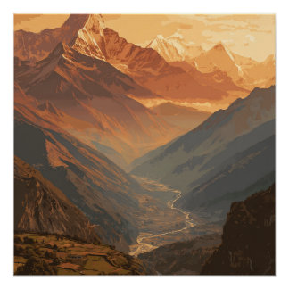 Pôster Picos enormes das montanhas nepalesas cênico vinta