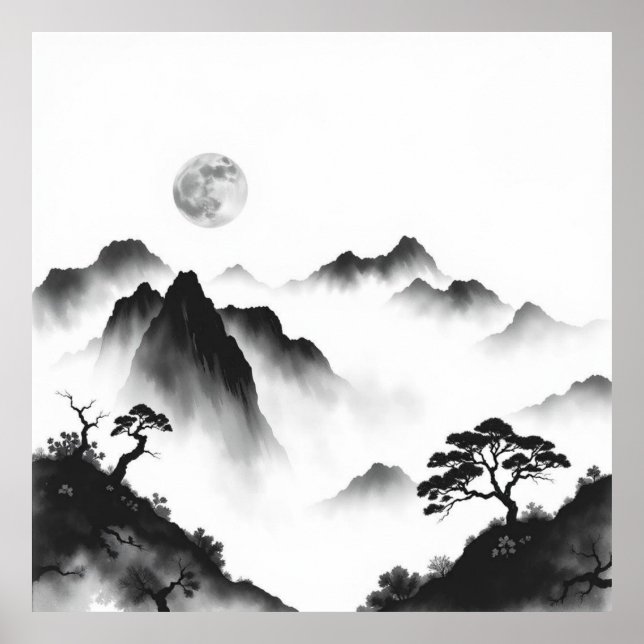 Poster Picos lunares: Lua cheia e Arte Carvões de Montanh (Frente)