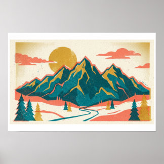 Poster Picos Majestosos de Montanhas | Risografia Vintage