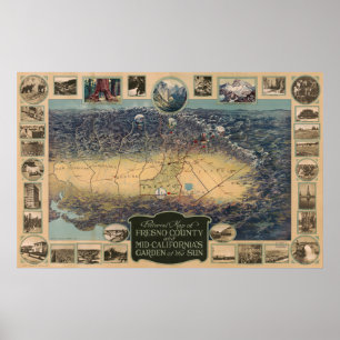 Poster Pictorial do Condado de Map Fresno, Jardim do Sol