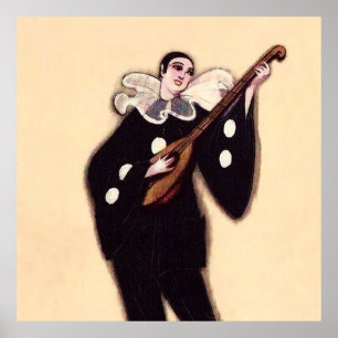 Poster Pierrot em Black Playing Lute por Sophia Chiostria