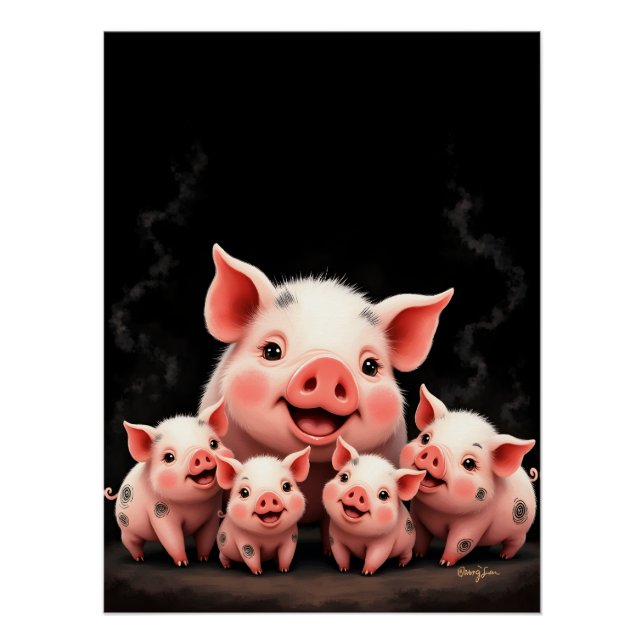 Pôster Pig Artwork – Mother Pig & Piglets (Frente)