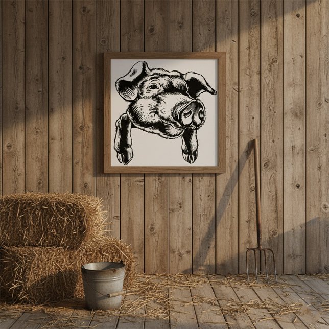Poster Pig Head Farm Animal Drawing in Black White (Criador carregado)