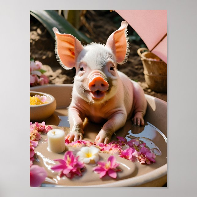 Poster Piglet Pampering, Bathroom Art Divertido, Presente (Frente)