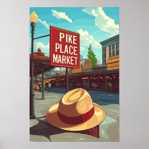 Poster Pike Place Market Seattle EUA Viagens vintage