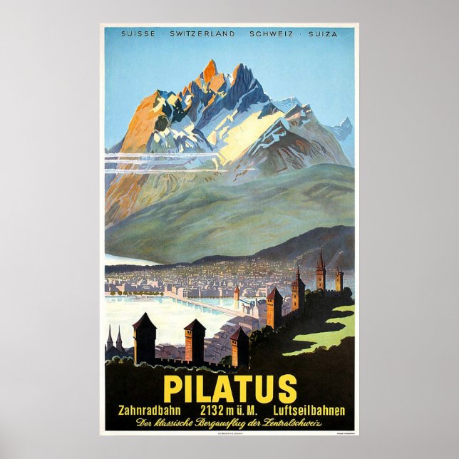 Poster Pilatus, montanhas, Suiça, viagens vintage (Frente)