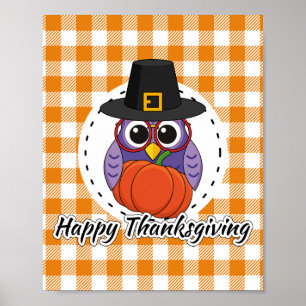 Poster Pilgrim Owl em Orange Xadrez - Feliz Ação de Graça