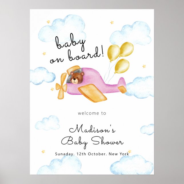 Poster Pilot Bear Balloon Airplane Baby Shower Welcome  (Frente)