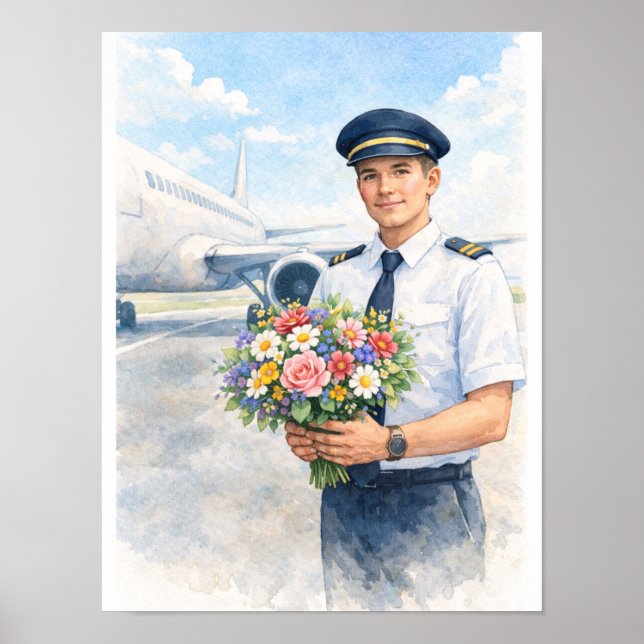 Poster Pilot holds flowers standing on the runway  (Frente)