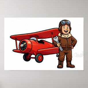 Poster Piloto Antigo com Arte de Desenho Animado de Bipla