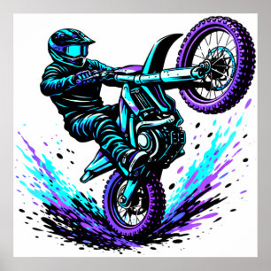 Poster Piloto de Motocross Fazendo "Wheelie" em Movimento