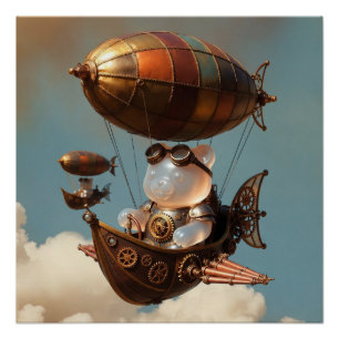 Pôster Piloto de Urso Gummy Steampunk em Dirigível Fantás