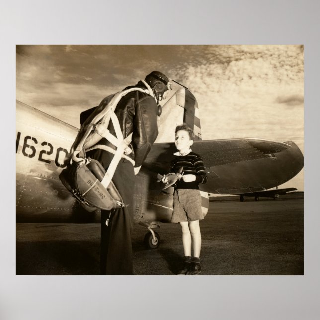 Poster Piloto militar americano de 1940 e jovem rapaz (Frente)