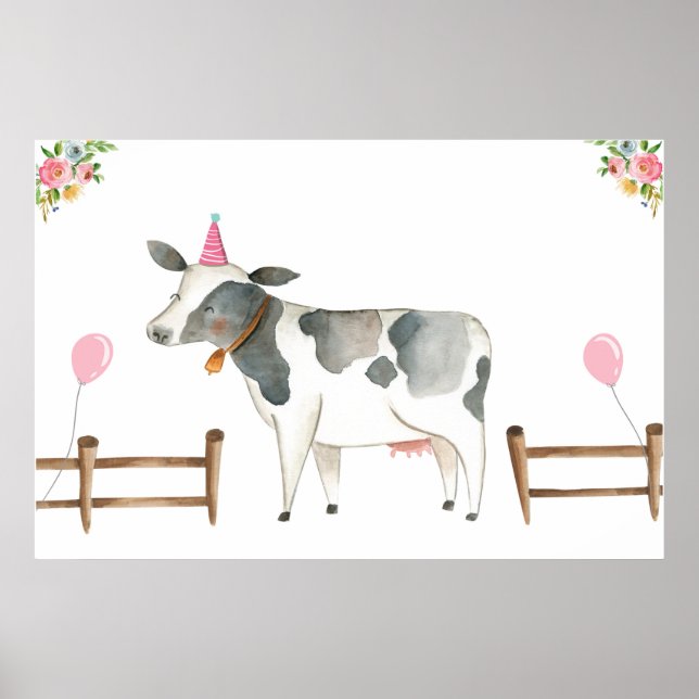 Poster Pin the Tail Cow Farm Animals Girl Birthday Pink (Frente)