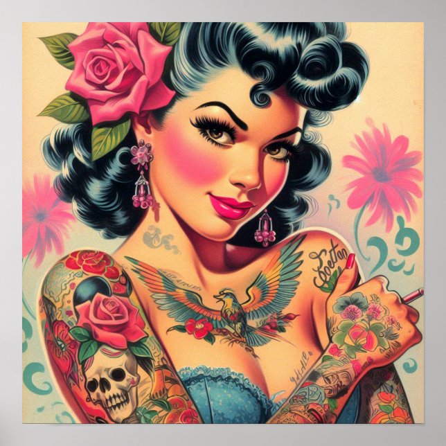 Poster Pin-up de Cuta Retro Tatuado (Frente)