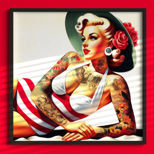 Poster Pin-up de maiô com tatuagem retrô