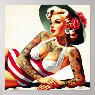 Poster Pin-up de maiô com tatuagem retrô