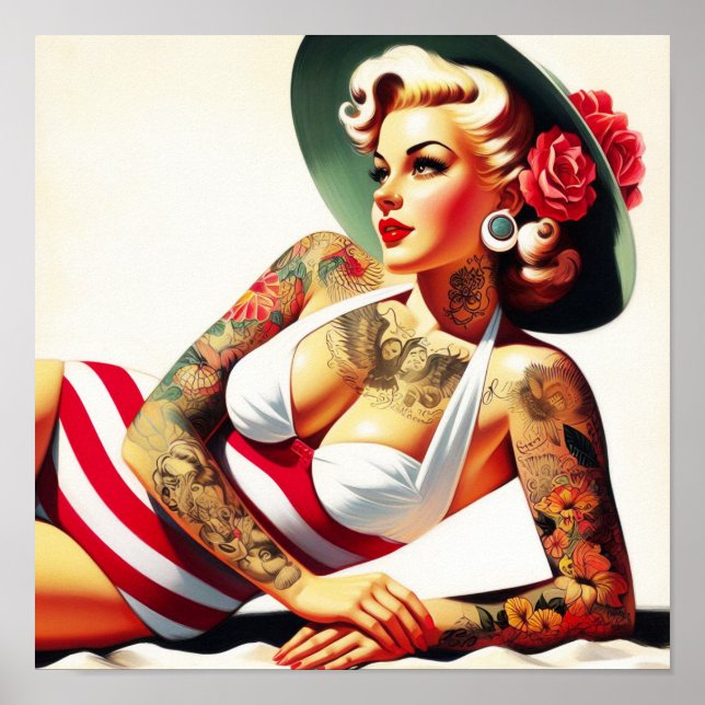 Poster Pin-up de maiô com tatuagem retrô (Frente)