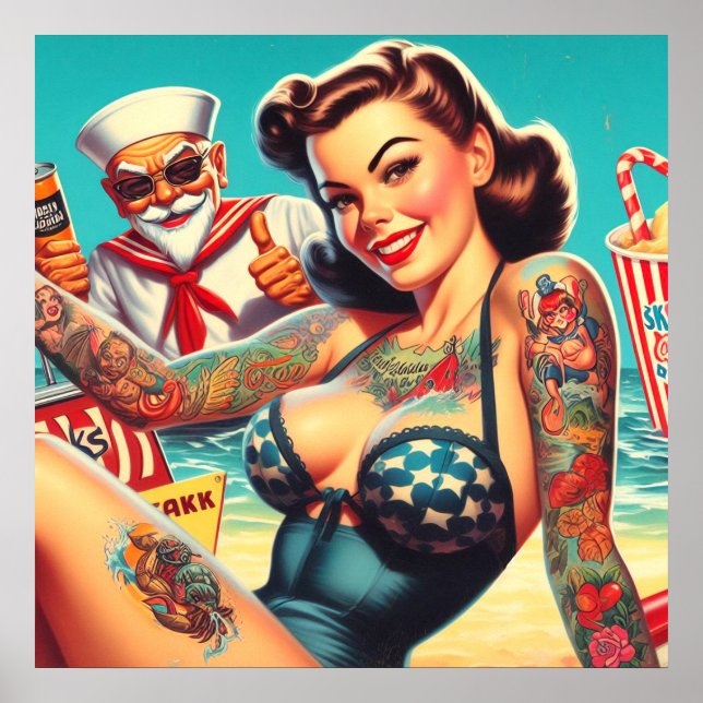 Poster Pin-up de praia tatuada (Frente)