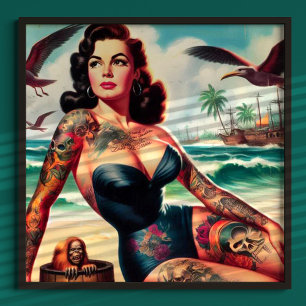 Poster Pin-up de praia tatuada