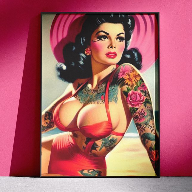 Pôster Pin-up de Praia Tatuada (Criador carregado)