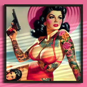 Poster Pin-up de praia tatuada