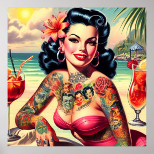 Poster Pin-up de praia tatuada