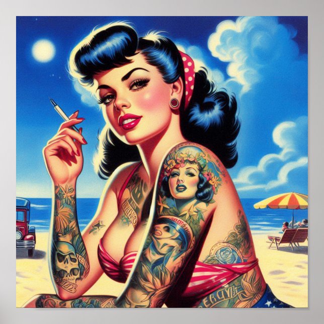 Poster Pin-up de Verão Bikini Tatuado por Retro (Frente)