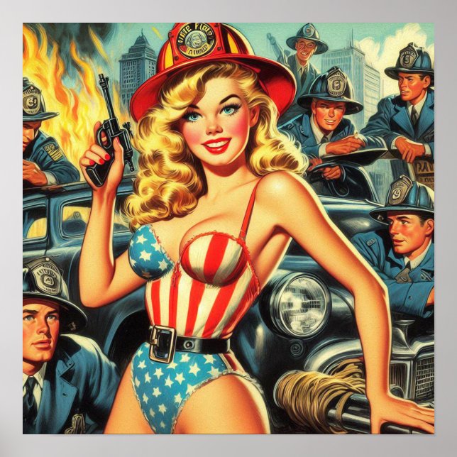 Poster Pin-up do Vintage Firefighter (Frente)