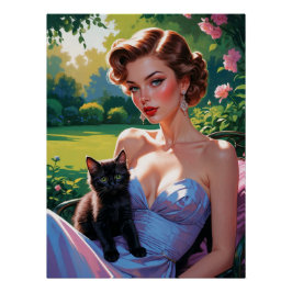 Pôster Pin-Up em Primavera com Gatinho Preto Bonito